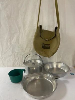 Vintage Set of Palco Tin & Plastic Mess Kit w Canvas Bag: Cup, Pan, Pot,  Bowl - Image 1 of 4