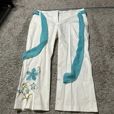 Maurices Floral Embroidered White Stretch Pants With Belt NWT - Image 1 of 4