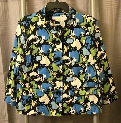 Chaqueta Charter Club Petite Mediana Floral Abstracta Azul Negro Verde Manga 3/4 Foto 1 de 4
