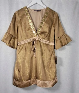NWT Hale Bob Shirt Gold Metallic Boho Silk Peasant Blouse Women's S Handmade Top - Picture 1 of 6
