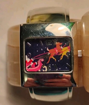 Reloj brazalete trineo y reno de Santa correa ancha de metal plateado necesita batería  Foto 1 de 4