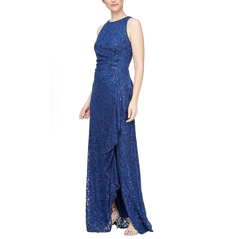 Alex Evenings Navy Sleeveless Lace Sequin Long Dress Gown Sz 14 Wedding Guest - Image 1 of 4