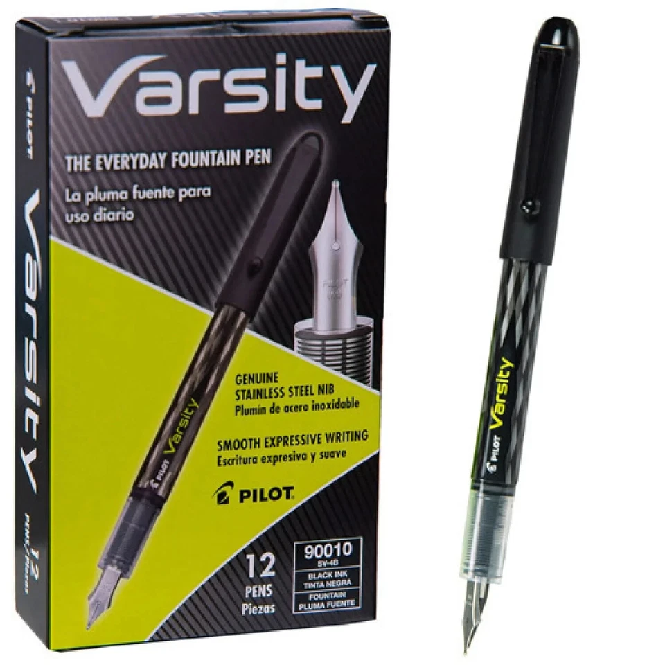 Pilot Varsity Fountain Pen Box/12 Med Nib Black Ink Office School Disposable - Image 1 of 1