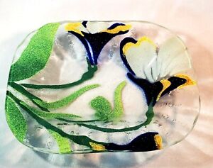 Sydenstricker Fused Glass Cobalt Blue, Yellow, And White Morning Glory Soap Dish