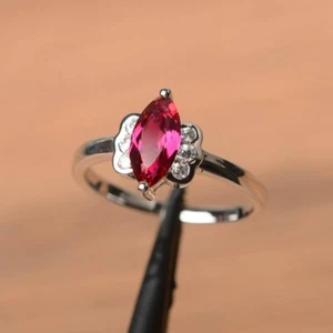 Pink Ruby Dainty Ring Lab Created Gemstone 925 Sterling Silver Women Ring - Picture 1 of 5