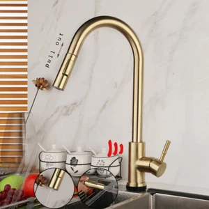 Kitchen Brushed Gold Faucet Sensor Pull Out Sprayer Mixer Single Handle&Hole Tap - Picture 1 of 12