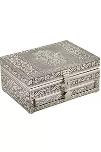 Joyero con cajón indio Hamsa diseño a mano plateado aluminio forrado en terciopelo - Imagen 1 de 3