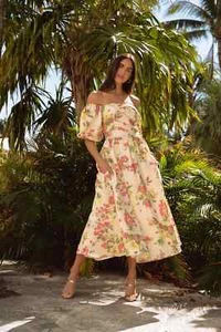 Shoshanna Zarah Linen-Blend Midi Dress Women's 6 Pink Multi Back Zip Closure S/S - Picture 1 of 16