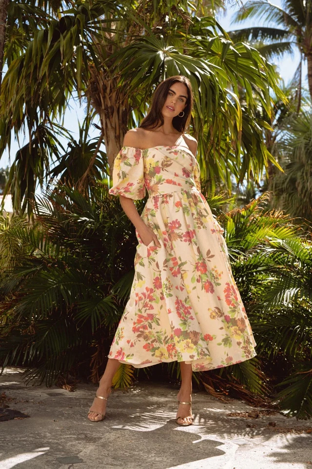 Vestido Shoshanna Zarah Midi Mezcla de Lino Para Mujer 6 Rosa Multi Espalda Cierre de Cremallera S/S Foto 1 de 4