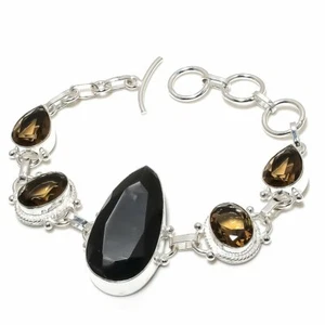 Black Spinel, Smoky Topaz Gemstone Handmade 925 Sterling Silver Bracelet 7-8" - Picture 1 of 3