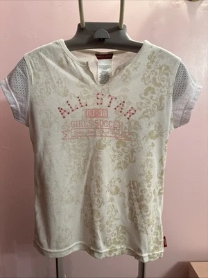 Vintage Y2K GUESS Jeans Ivory Top With Mesh Sleeves Short Sleeve Top Girls XL 16 - Image 1 of 4