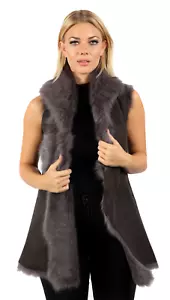Women's Long Luxurious Grey Toscana Shearling Sheepskin Gilet - Picture 1 of 3