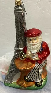 French Santa Paris France Eiffel Tower Blown Glass Christmas Ornament - Picture 1 of 6