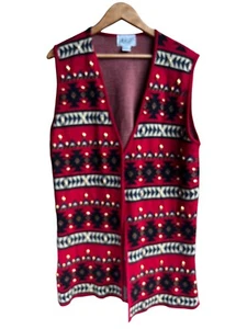 Vintage AKF Wool Blend Cardigan Duster LARGE Aztec Knit Boho Southwest Red Beads - Picture 1 of 6