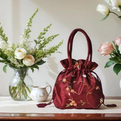 New Women's Small Embroidered Handbag Ethnic Style Drawstring Bucket Bag... - Image 1 of 4