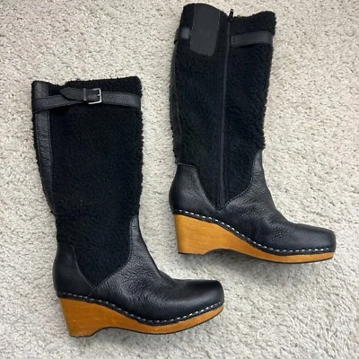 Kelsi Dagger Jagger Black Knee High Wedge Clog Wood Heel Boot Womens 7 - Image 1 of 4