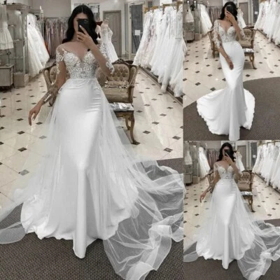 Detachable Mermaid Wedding Dresses V Neck Long Sleeves Sweep Train Bridal Gowns - Image 1 of 4