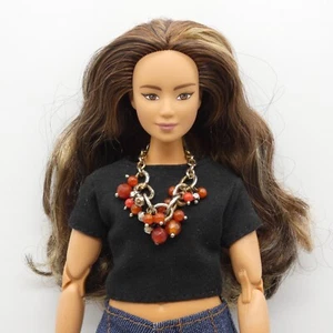 Barbie Doll Size Necklace Red Orange Dangle Beads Chunky Chain Handmade OOAK - Picture 1 of 10