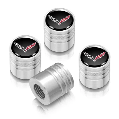 Chevrolet Corvette C7 Logo Black on Silver Aluminum Tire Valve Stem Caps - Image 1 of 3