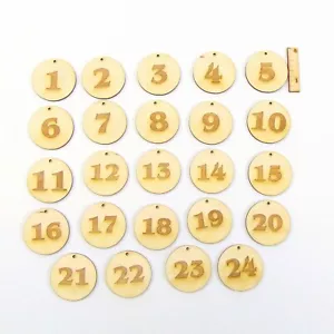 Adventskalenderzahlen Rund 1-24 mit 1 Loch zum Anhängen Weihnacht Basteln Holz - Bild 1 von 5