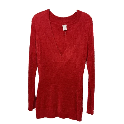 Suéter Rojo Cuello en V Profundo Pullover Manga Larga Difuso Suave Talla Mediana Foto 1 de 4