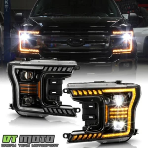 <FULL LED> 2018-2020 Ford F150 Amber DRL w/Sequential Projector Headlights BLACK - Picture 1 of 15