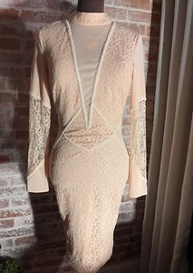 Blessed Are The Meek Apricot Lace Long Sleeve Bodycon Midi Dress Open Back Sz 4 - Picture 1 of 7