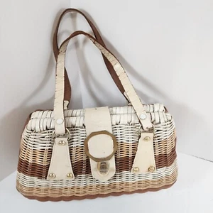 VTG Handmade Crown Colony Striped Wicker Basket Barrel Style Purse Sears - Picture 1 of 19