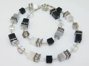 Halskette Würfel Cube Cat Eye Kristallglas Strass Schwarz Weiß Grau 511c - Bild 1 von 12