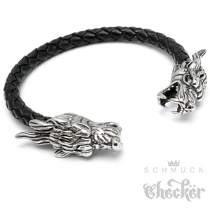 Brazalete Wolf joyería ciclista pulsera alta calidad cuero negro trenzado acero inoxidable - Imagen 1 de 3