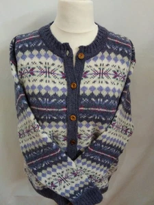 100% Wool Harley of Scotland Cardigan In Purple Cream & Pink Large Fair Isle L - Picture 1 of 9