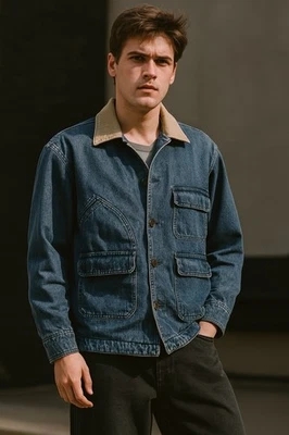 De Colección Nikoata LG Chaqueta Abrigo Denim Jean Camionero Algodón Botón Largo Pana Cuello Foto 1 de 4