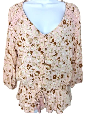 Geometric Print Button Front Blouse Size Med Tassels Crochet Trim Cottage Core - Image 1 of 4