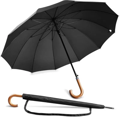 Wood Handle Large Umbrella Solid Curved Windproof Strong 12 Ribs 55 inch Bag - Image 1 of 4