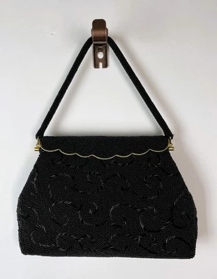 Mini bolso de mano vintage años 50 hecho a mano para mujer con cuentas negras tono dorado Foto 1 de 4