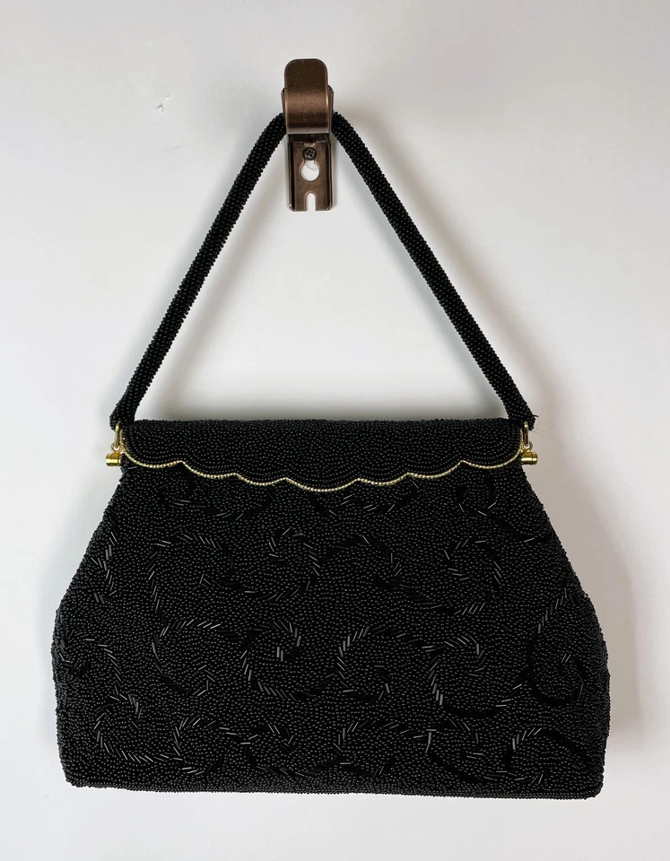 Vintage 50s Handmade Womens Black Beaded Gold-Tone Mini Handbag - Image 1 of 4