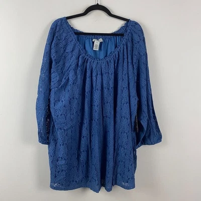 Blusa campesina de encaje elástico Catherines talla 3X azul mangas 3/4 forrada Foto 1 de 4