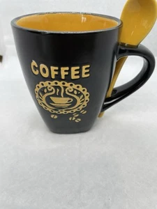 Taza de café vintage negra y amarilla granos en relieve única con cuchara - Imagen 1 de 6