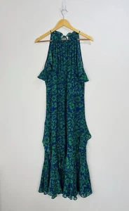 Whistles Dress Women Size 16 Blue Green Floral Midi Halterneck Chiffon Lined - Picture 1 of 11