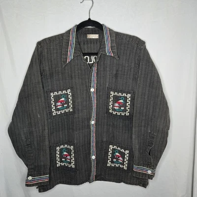 Vintage Guatemalan Embroidered Bird De Colores Shirt Jacket Gray Denim  - Image 1 of 4