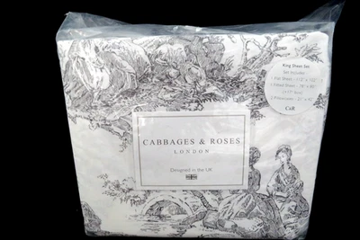 NWT CABBAGES and ROSES Country Toile KING SHEET SET 4 Pieces Charcoal UK Design - Image 1 of 4