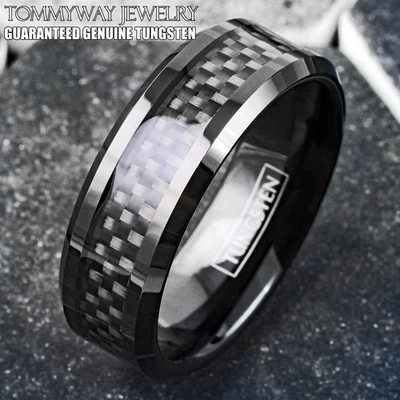 8mm Black Tungsten Carbide Ring Black Carbon Fiber Wedding Band Mens Jewelry - Image 1 of 4