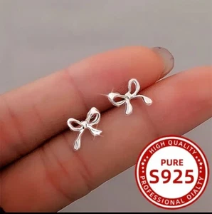 925 Sterling Ladies Earrings Silver Bow Studs/Elegant Gift Valentines /Birthday - Picture 1 of 8