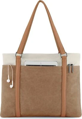 Wxnow Mujeres Laptop Bolso de Mano Lona Bolso de Mano Cartera Hombro Marrón  Foto 1 de 4