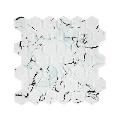 Azulejo de vidrio mosaico hexagonal de 2" con aspecto de mármol blanco perfecto para salpicadero, baño Foto 1 de 2