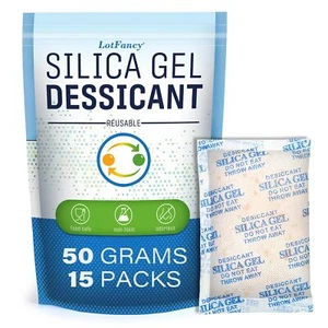LotFancy Silica Gel Packets, 50 Gram 15 Packs Rechargeable Desiccant Packs fo... - Picture 1 of 9