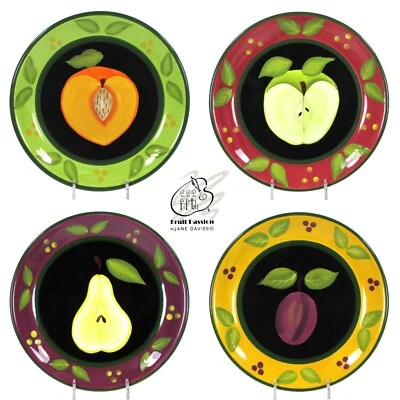 222 Fifth FRUIT PASSION 9" Salad Plate Set 4 Pear Peach Apple Plum Janet Davies - Image 1 of 4