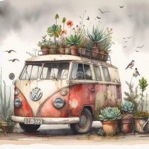 Handmade Pastel Retro VW Van & Flowers #7 - 8x8 Cotton Print Fabric Block - Picture 1 of 1