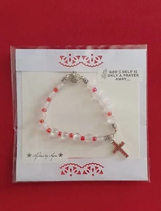 Gift Ideas Rosary Bracelet 8mm Glass Beads Rhinestone Cross - Picture 1 of 7
