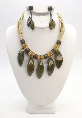 Gargantilla collar/pendientes colgantes hoja esmalte latón multihila 16" Foto 1 de 3